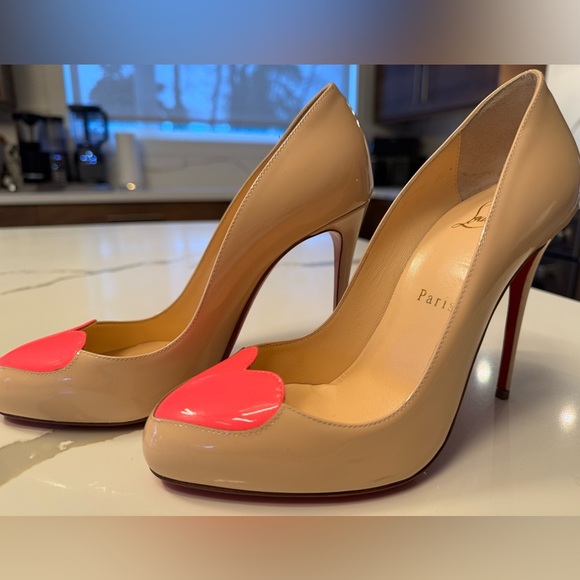 Christian Louboutin Nude with Neon Pink Heart Pumps - SZ 37 - Picture 2 of 8